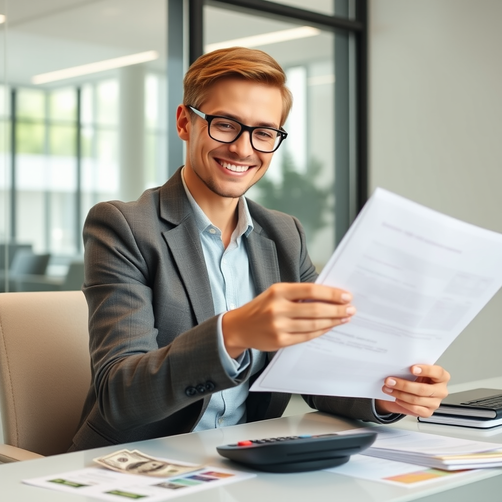 Persona sonriente revisando documentos financieros en una oficina moderna, calculadora y billetes sobre el escritorio, ambiente profesional y confiable para préstamos personales