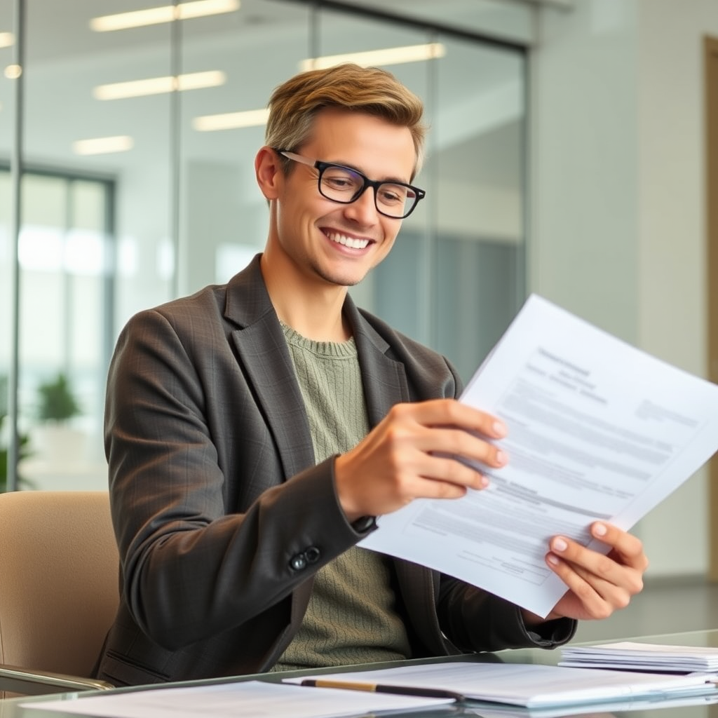Persona sonriente revisando documentos financieros en una oficina moderna, representando la facilidad y confianza de obtener préstamos personales