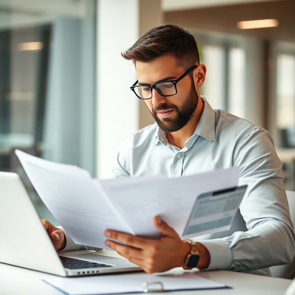 Empresario profesional revisando documentos financieros en oficina moderna con laptop y calculadora, representando préstamos empresariales y gestión financiera corporativa