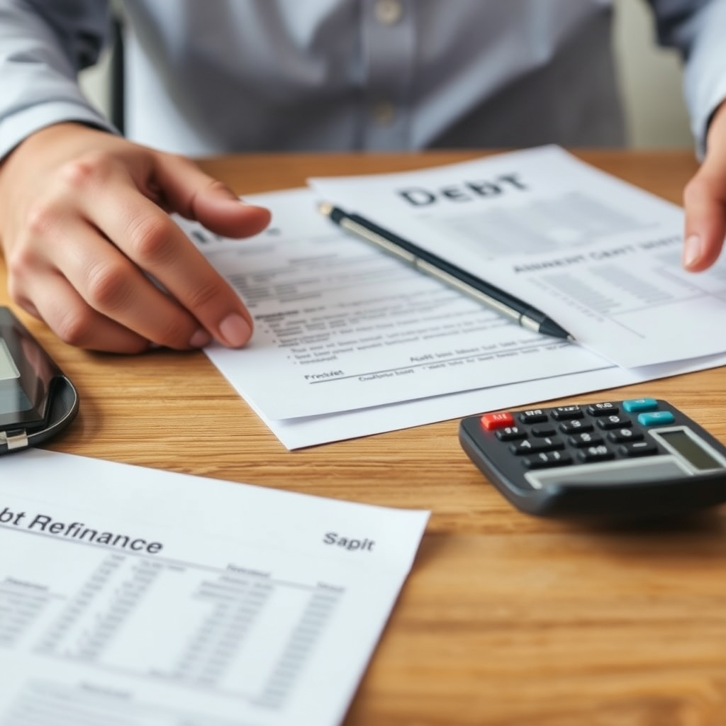 Persona organizando documentos financieros y calculadora sobre escritorio, representando el proceso de refinanciamiento de deudas y gestión presupuestaria