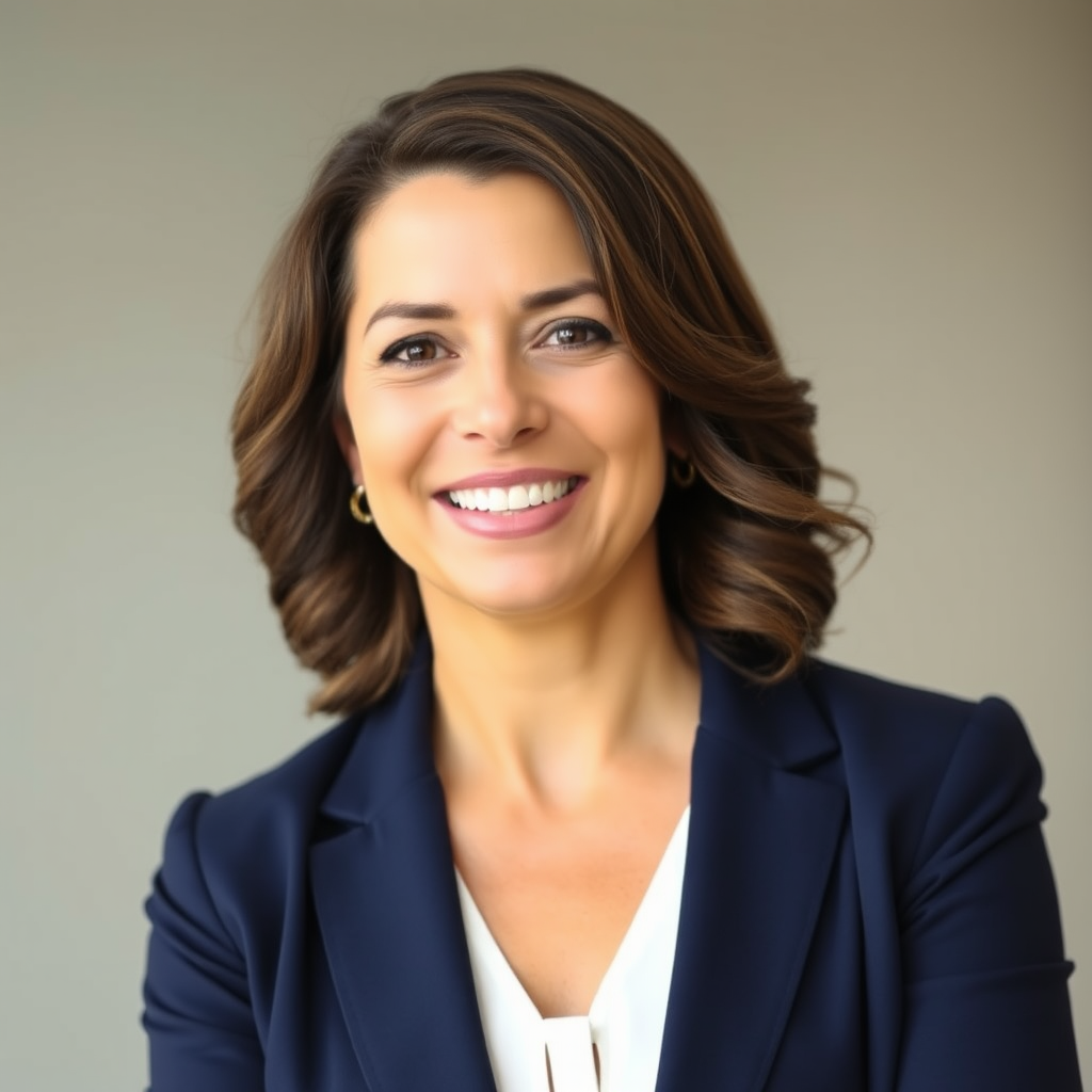 Foto profesional de Sarah Martinez, una mujer hispana de mediana edad con cabello castaño ondulado, sonrisa cálida y profesional, vestida con un blazer azul marino sobre una blusa blanca, con fondo neutro de oficina