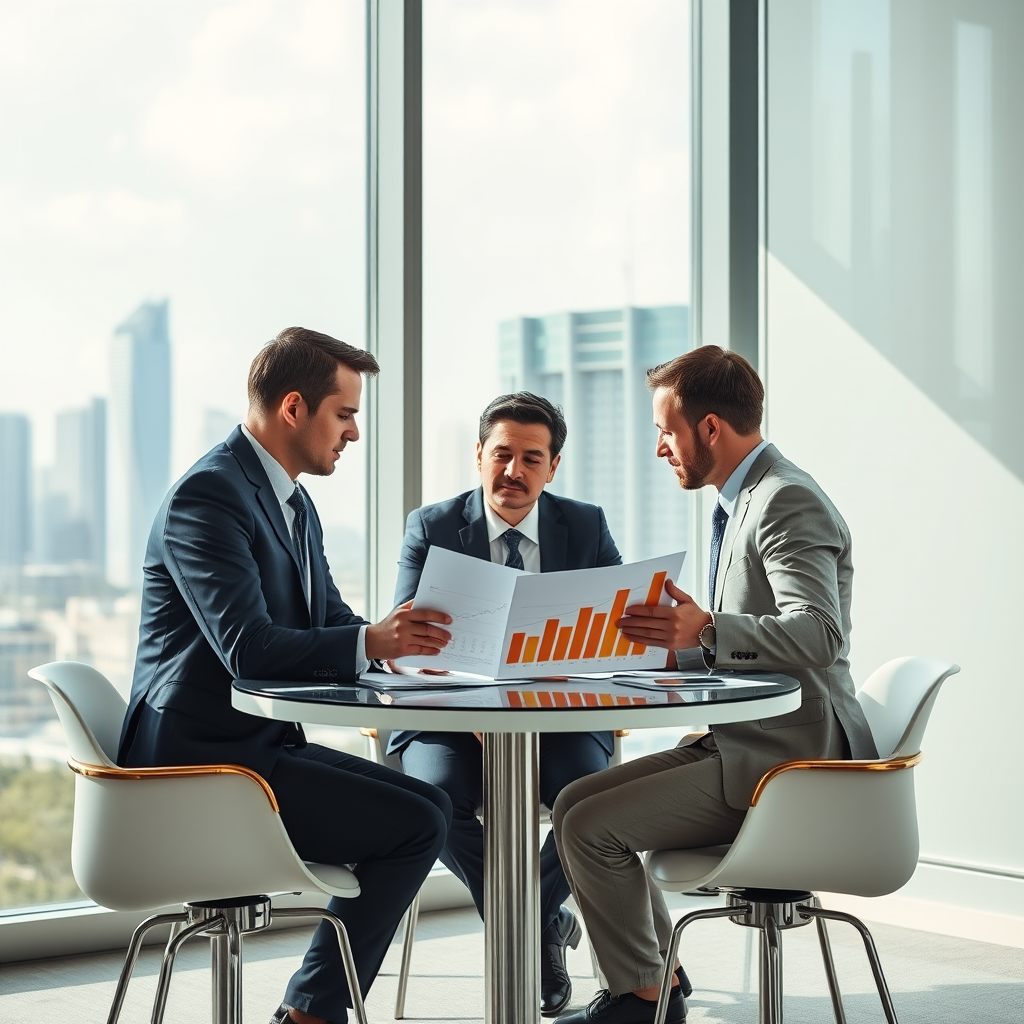 Empresarios en una reunión de negocios revisando gráficos de crecimiento y documentos financieros, oficina corporativa moderna con vista a la ciudad, ambiente profesional de préstamos empresariales