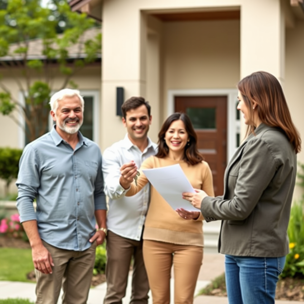 Familia feliz frente a una casa moderna con jardín, llaves en las manos, agente inmobiliario entregando documentos, ambiente cálido y hogareño representando el sueño de la casa propia